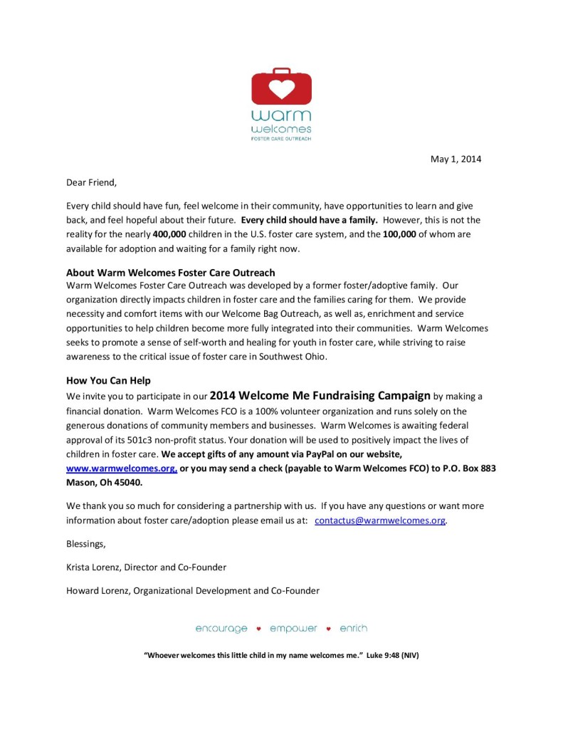 Warm Welcomes Fundraising Letter May 2014